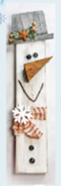 Snowman on wooden plaque.